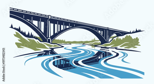 A stylized arch bridge spans a winding river reflecting a lush, tree-lined landscape