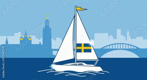 A white sailboat with the Swedish flag sails on blue water against a city skyline