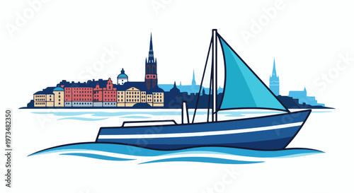 Stylized blue sailboat glides on calm water with a colorful city skyline in the background