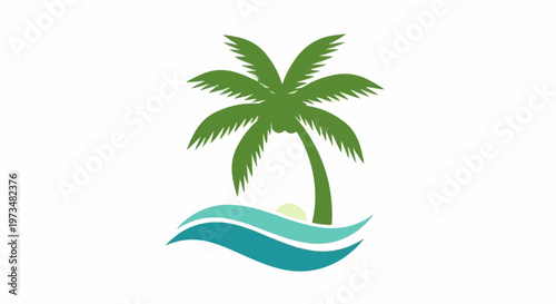Stylized green palm tree with a pale sun behind it and turquoise waves below