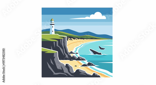 A coastal scene with a lighthouse on a cliff overlooking a beach and the ocean with whales
