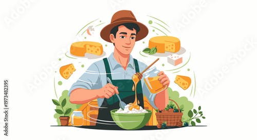 Farmer adding honey to fresh cottage cheese with cheese and berries nearby