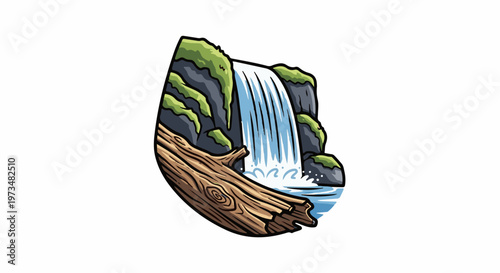 Stylized waterfall cascading over mossy rocks, with a fallen log