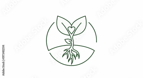 A green line drawing of a sprouting plant with roots, leaves, and a heart shape inside