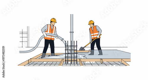 Workers pour and spread concrete using a hose and shovel on a construction site
