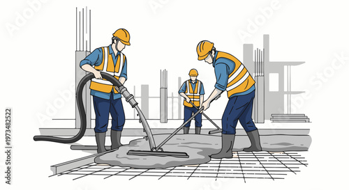 Construction workers pour concrete with hose and smoothing tools