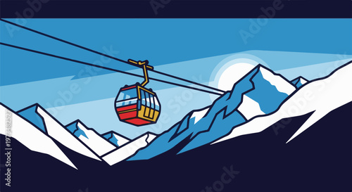 Stylized cable car ascending snowy mountains under a bright, layered sky