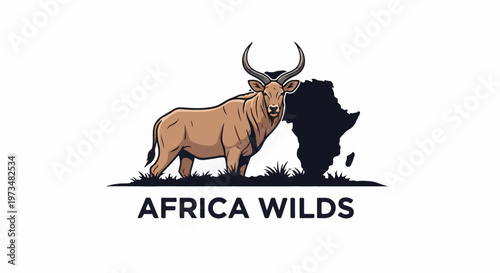 A stylized drawing features a brown antelope with large, curved horns standing before a dark silhouette of the African continent