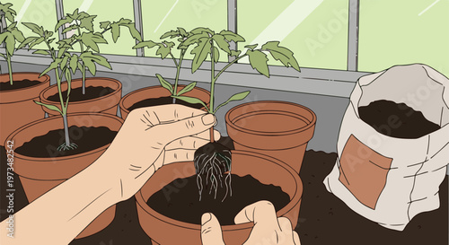 Hands transplanting a seedling into a pot in a greenhouse