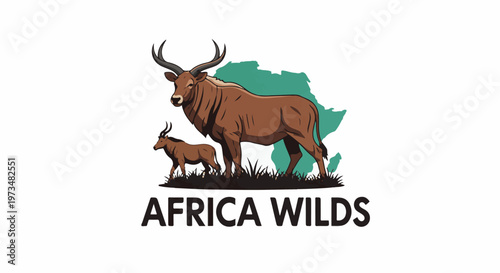 Two brown antelopes stand in grassy savanna with outline of Africa behind