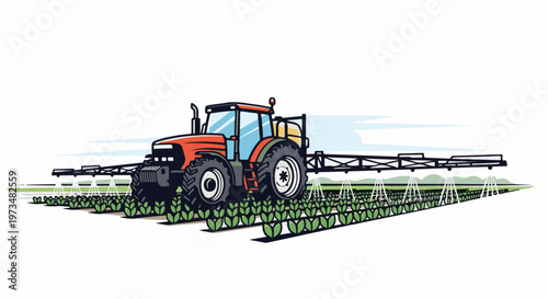 Tractor spraying crops with water in a field under a cloudy sky