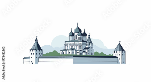 Stylized illustration of a white walled complex with multiple domes and towers under a cloudy sky