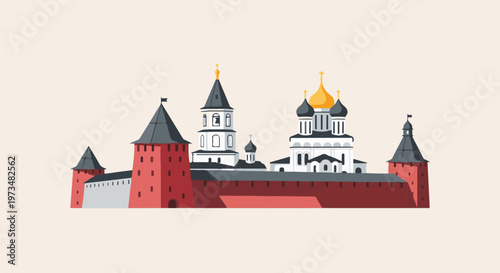 A stylized illustration of a red fortress with multiple towers and onion-domed churches against a pale background