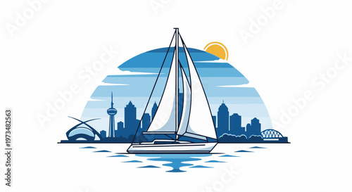A sailboat glides on water, with a city skyline and sun in the background