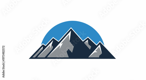 Stylized mountains with a blue half-circle horizon against a white background
