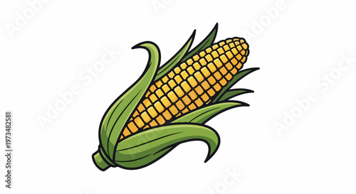 A stylized ear of yellow corn, with green husks and leaves
