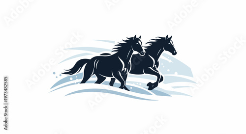 Two dark horses gallop through icy winter landscape