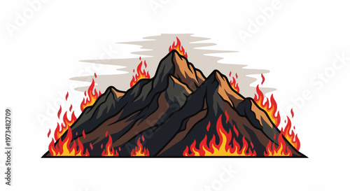 Jagged peaks erupt in flames against a smoky, muted sky