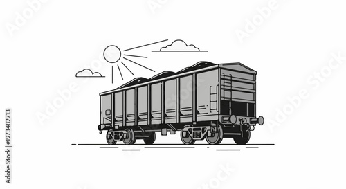 A grey hopper train car loaded with dark material under a sunny, cloudy sky