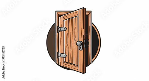 Open wooden door with knob and lock, framed by brown circle