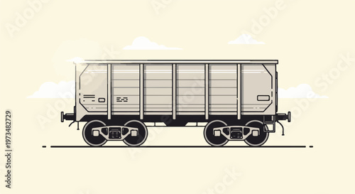 Light grey freight car with dark wheels against a soft yellow sky with clouds and sun