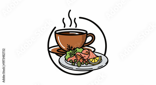 A steaming cup of coffee sits beside a plate of smoked salmon, capers, and lemon slice