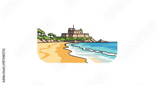 A coastal scene with a sandy beach, blue ocean waves, green vegetation, and a fort on a hill