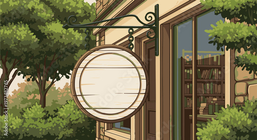 A charming storefront with a blank wooden sign, lush greenery, and a window displaying bookshelves