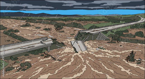 Destroyed bridge in a raging flood under a stormy sky