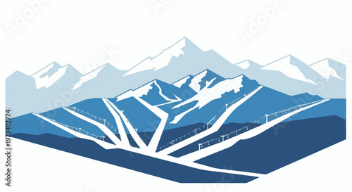 Stylized mountain range with ski slopes and chairlifts, depicted in shades of blue