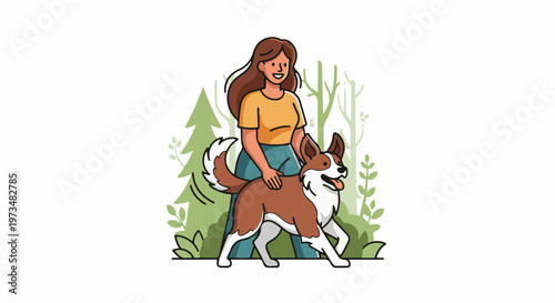 A person walks their dog through a whimsical forest of stylized trees and foliage