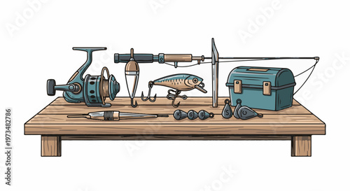 A collection of fishing gear, including a reel, rod, tackle box, lure, bobber, and weights