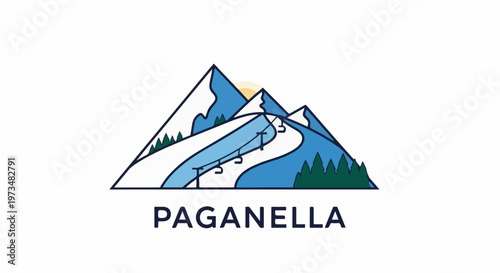 Stylized mountain ski slope with chairlift under a rising sun