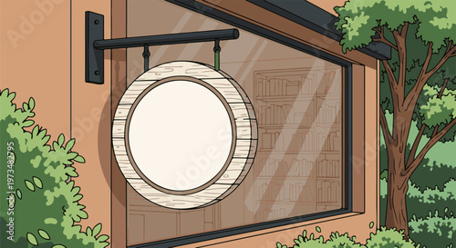 A rustic circular sign hangs by a window of a building with bookshelves visible inside
