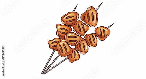 Deliciously grilled meat skewers, golden brown with grill marks, artfully arranged