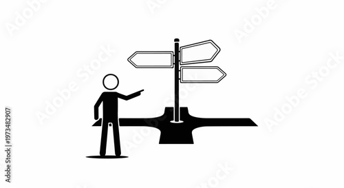 Stick figure at crossroads, pointing to directional signs