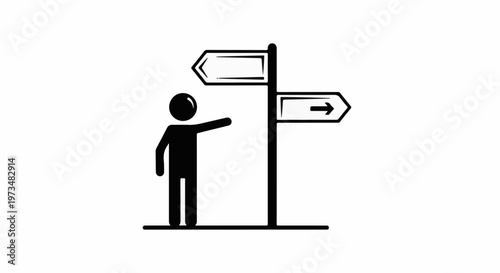 Figure stands at a crossroads, pointing towards a signpost with directional arrows