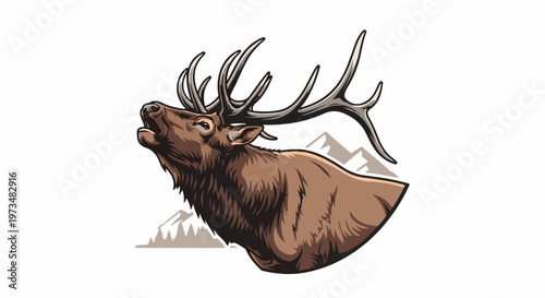 Majestic elk with impressive antlers calls out against a backdrop of mountains and pine trees