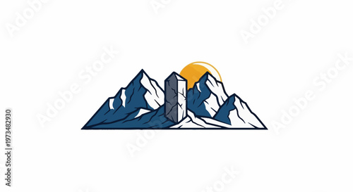 Stylized mountains with a central obelisk and a setting sun
