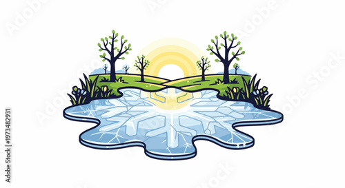 Ice melts and sun shines on a green landscape with trees and flowers