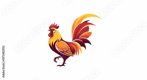 Vibrant, stylized rooster with flowing tail feathers in warm sunset colors on white