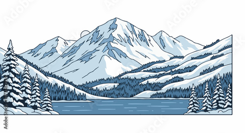 Serene snow-capped mountains rise majestically above a tranquil, blue lake and dense pine forest
