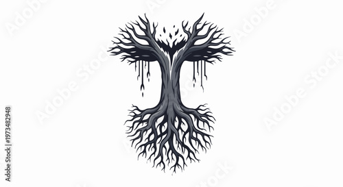 Stylized, dark, pixelated tree with exposed roots and branches against a white backdrop
