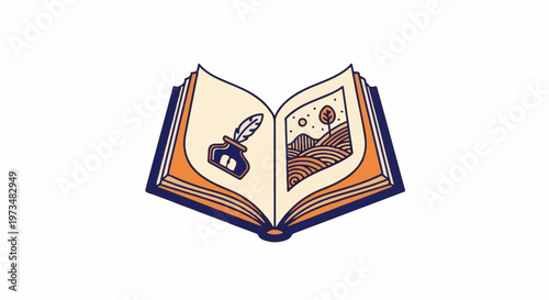 Open book with quill, ink, and landscape art