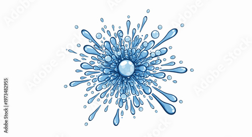 Dynamic blue water splash, bursting outward with liquid drops and spheres