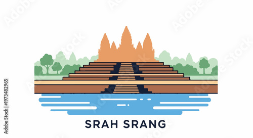 Stylized temple complex with tiered steps leading to ancient spires, reflecting on water