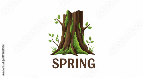 Stylized tree stump with green moss and new leaves, the word SPRING below