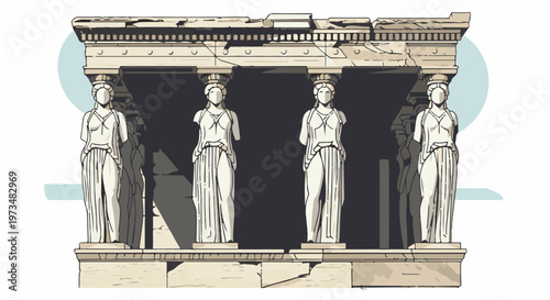 Ancient stone maidens adorn a classical structure with sunlit shadows