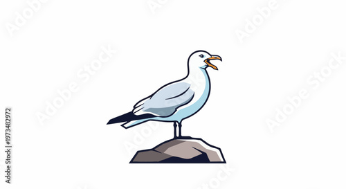 Cartoon seagull stands on a rock with its beak open
