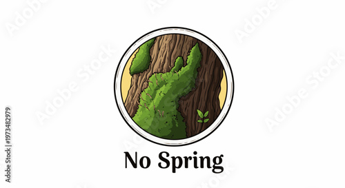 Textured tree bark covered in vibrant green moss, with a small sprout emerging, within a circular frame